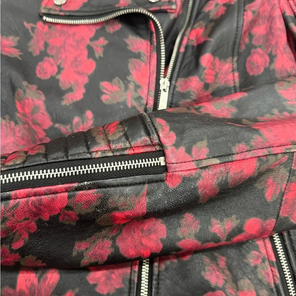 Lord & Taylor 424 Fifth Red Rose Black Leather Moto Biker Jacket - Picture 6 of 10